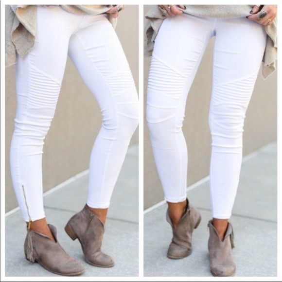 Aluna Levi Pants - White Moto Biker Skinny Ankle Pants
